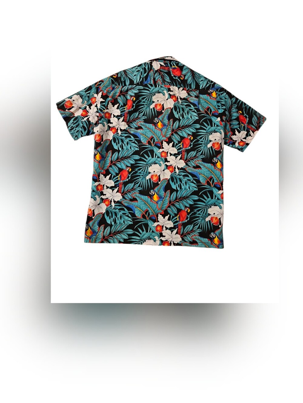 Vtg Hawaiian Black & Blue Tropical Floral Short Sleeve Shirt w/ Red Parrot Sz M - Picture 2 of 4